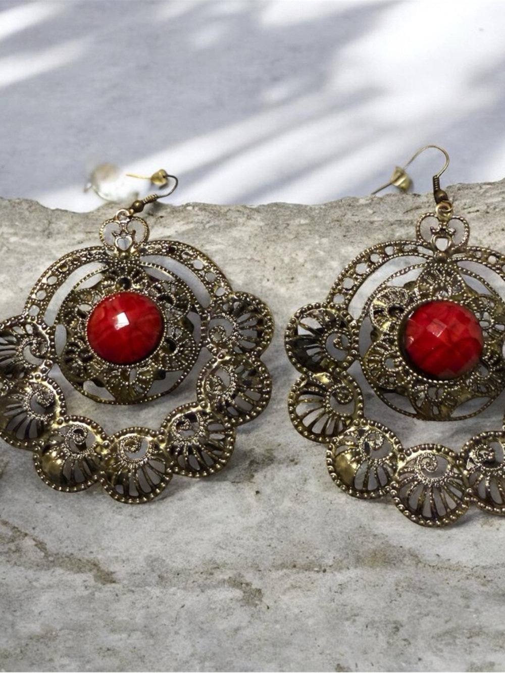 Vintage-Inspired Gold Filigree Drop Earrings with Red Cabochon
